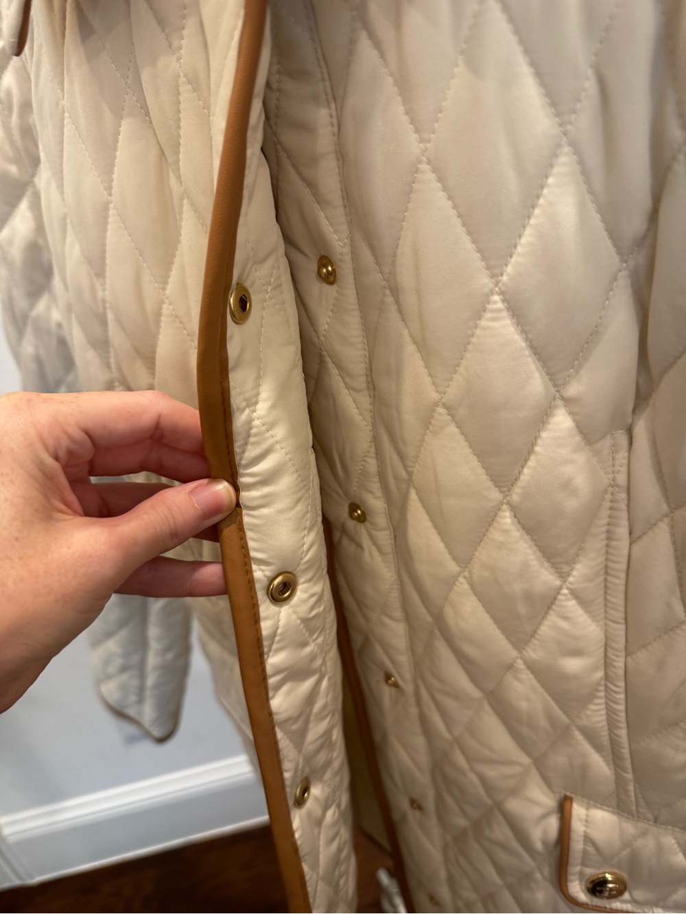 Chico's Cream Quilted Puffer Jacket with Brown Trim - Picture 3 of 8